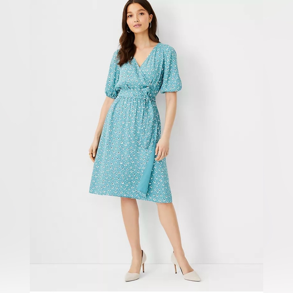 Ann Taylor Aqua Floral Wrap Midi Dress